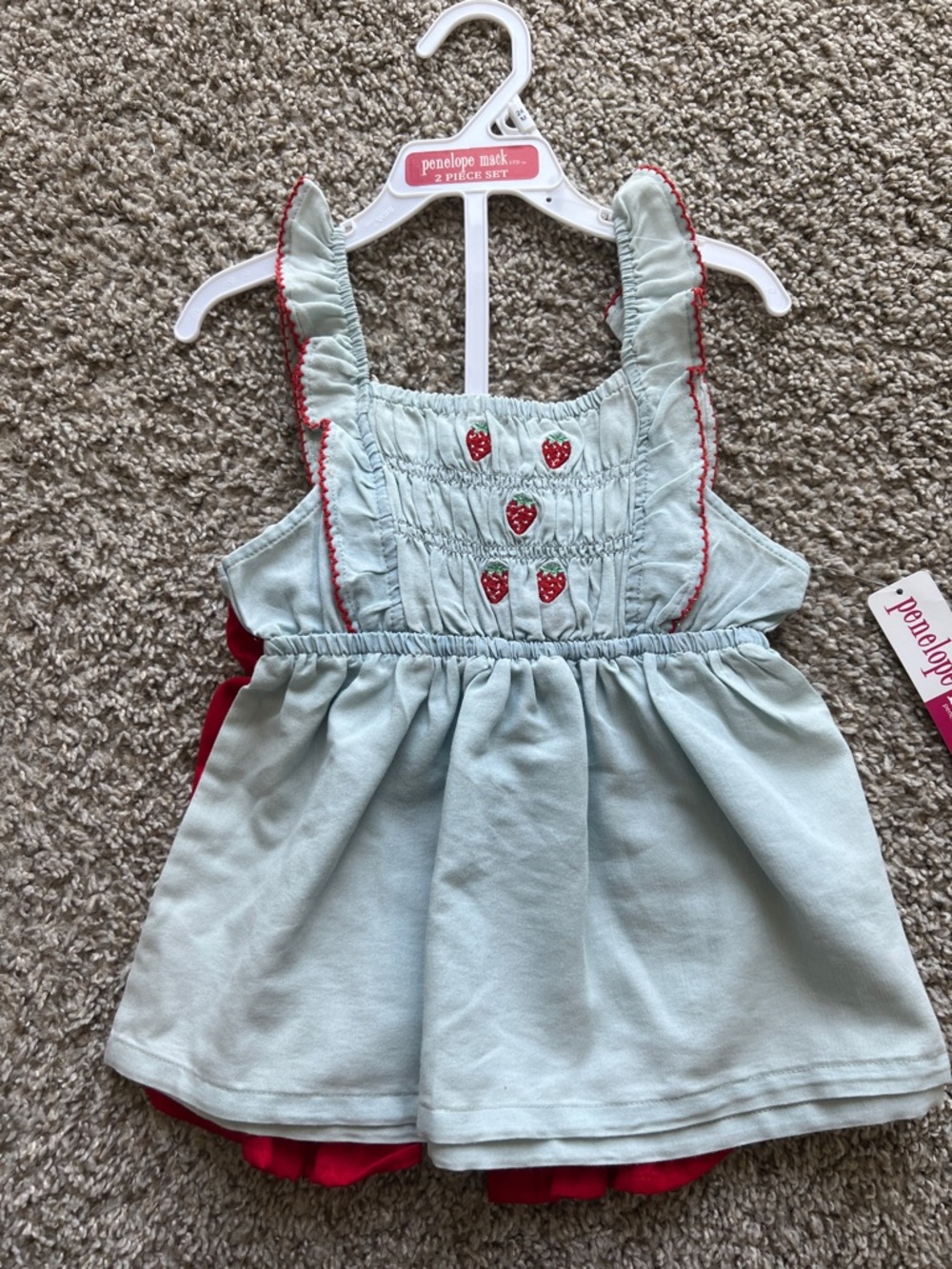 Penelope Mack Light Demin Smock Top Dress with Red Bloomers
